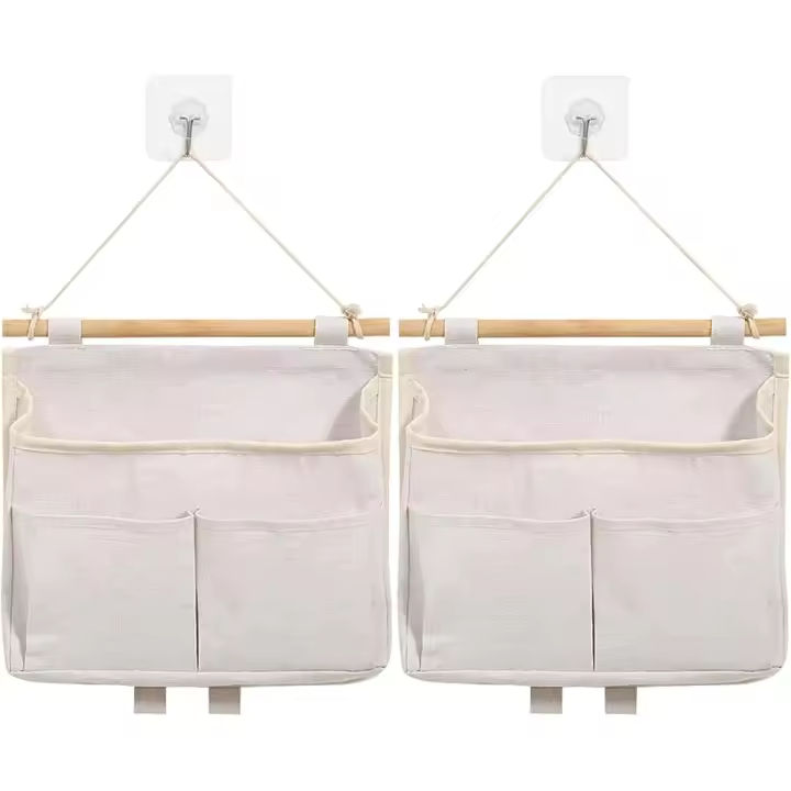 2 Pieces Organizador Colgante con Bolsillos, Alta Capacidad 3 Compartimentos con Gancho Adhesivo, Organizador de Pared for Bolsa Colgante para Casa, Oficina, Caravana, Cocina (Beige) - 1