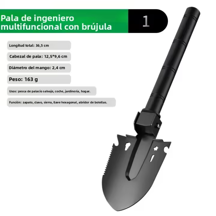 Shovel Plegable Portátil 7-en-1 Para Jardinería Y Camping Con Compas Y Maza Y Abrebotellas Para Kit De Sobrevivencia Material Plástico Antideslizante Y Duradero - 1