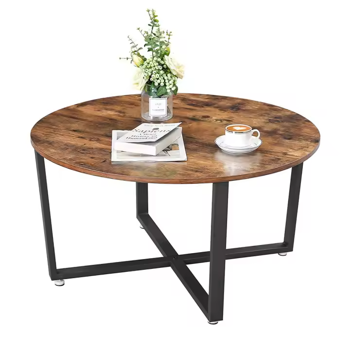 Mesa de centro redonda, estructura metálica duradera, fácil montaje, ideal para salón, marrón rústico, diámetro 88 cm - 1