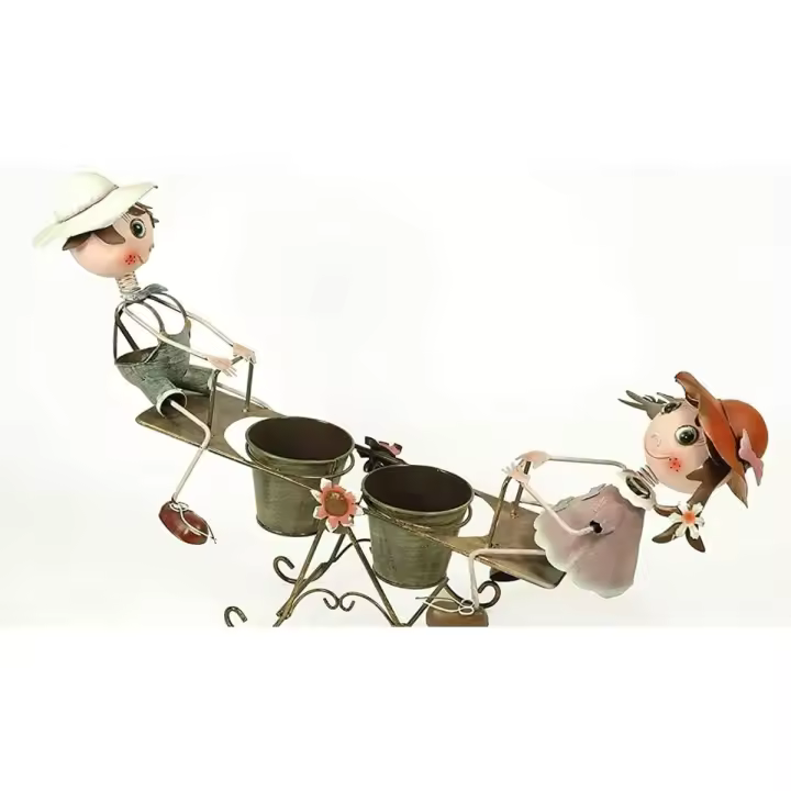 CAPRILO REGALOS & DECORACIÓN Macetero Doble Decorativo de Metal "Niño y Niña en Balancín". Adornos y Figuras. Decoración para Jardín. Regalos Originales. 50 x 13 x 29 cm. IB 2 - 1