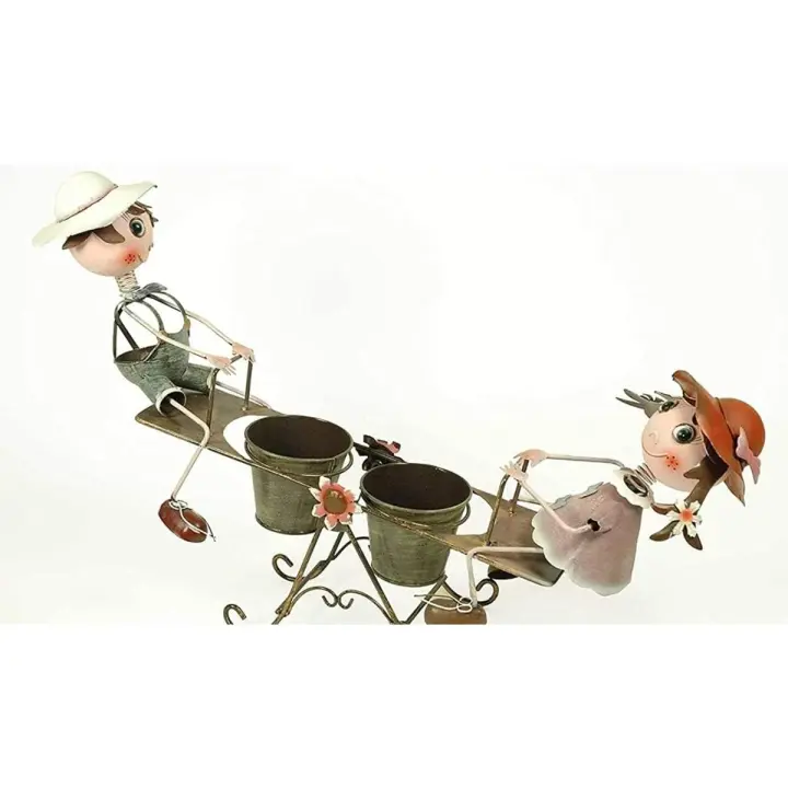 CAPRILO REGALOS & DECORACIÓN Macetero Doble Decorativo de Metal "Niño y Niña en Balancín". Adornos y Figuras. Decoración para Jardín. Regalos Originales. 50 x 13 x 29 cm. IB 2 - 1
