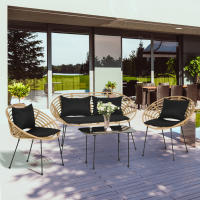 Outsunny Conjunto de Jardín Exterior de Ratán Sintético de 4 Piezas Muebles de Jardín Exterior Incluye 1 Sofá Doble 2 Sillones y Mesa de Vidrio con Cojines Natural y Negro - details 1