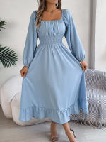 Vestido Largo Elegante De Verano Con Cuello Cuadrado Y Mangas Largas Para Damas De Honor Vestido De Mujer Con Borde Volante Y Cintura Alta - details 20
