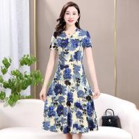 Vestido Midi Vintage De Verano Para Mujer Con Cuello En V Y Estampado Casual A-Line Manga Corta Cintura Ajustada - details 20