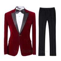 Traje De Veludo Para Hombre 2 Piezas Ajustado Con Chaqueta Y Pantalones Estilo Formal Para Bodas Y Fiestas Traje De Novio Con Parche De Cachemira - details 2