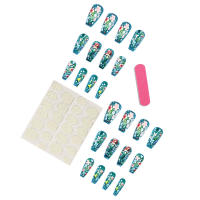 24pcs/set Uñas Postizas Largas Medias Falsas De Cuadrado Ballet Con Flores Y Mariposa Azul Verde Para La Temporada De Primavera Y Verano - details 13