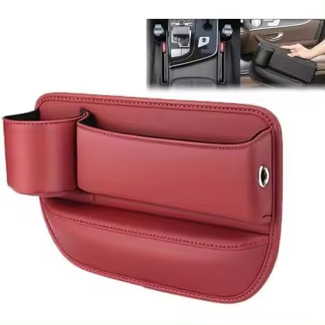 Caja de almacenamiento para asiento de coche, bolsa de cuero para portavasos, caja de almacenamiento para asiento de coche con portavasos, caja de almacenamiento para espacio de asiento (rojo, asiento del pasajero) - 1