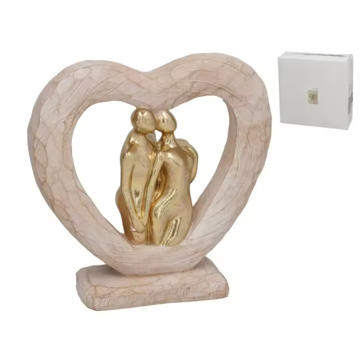 Gissed Figura Decorativa de Pareja en Corazón – Escultura en Resina con Acabado Madera y Dorado – Diseño Elegante y Simbólico del Amor y la Unión – Ideal para Regalo de Aniversario, Bodas o San Valentín – Tamaño 6 x 21.5 x 21.5 cm – Perfecta para Decorar - 1