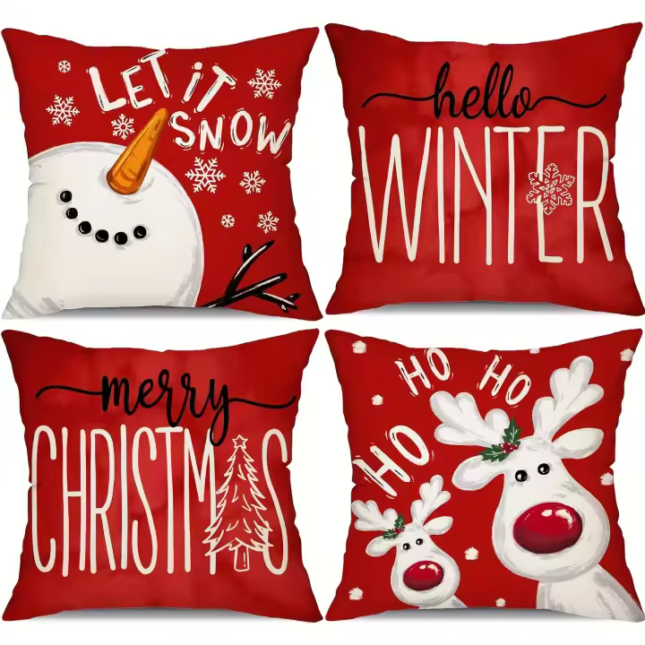 4 fundas de almohada navideñas festivas-Muñeco de nieve rojo, alces y árbol de Navidad de Designs-45.72X45.72 cm, fundas de mezcla de lino lavables a máquina con cierre de cremallera, perfectas para sofá y decoraciones de invierno para el hogar - 1