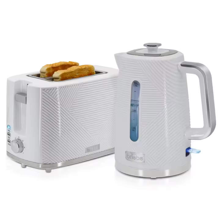 Briebe SKT1170WHT Elegance Set Tostadora Pan Ranura Ancha 2 Rebanadas + Hervidor  Agua Eléctrico 1,7L Inalámbrico, 2200W, Blanco - 1