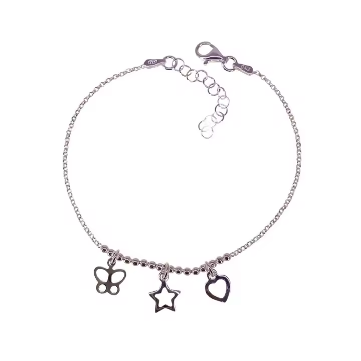 Pulsera Plata Ley 925m mujer 17 cm. cadena rolo combinada bolas corazón estrella mariposa 7 mm. - 1