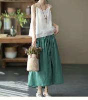 Falda A-Line De Lino Verde Casual Para Mujer Cintura Alta Elástica Longitud Media Pierna Izquierda Moda Primavera 2025 - details 6