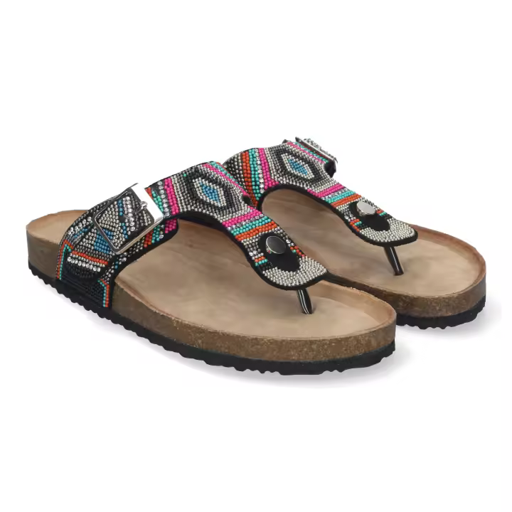 Davinia Shoes Sandalia Plana para Mujer, con Planta Bio, Comoda, Estilo Esclava con Piedras de Strass en la Pala y Detalle de Hebilla. Shoes&Blues.es AY-3068-Negro - 1
