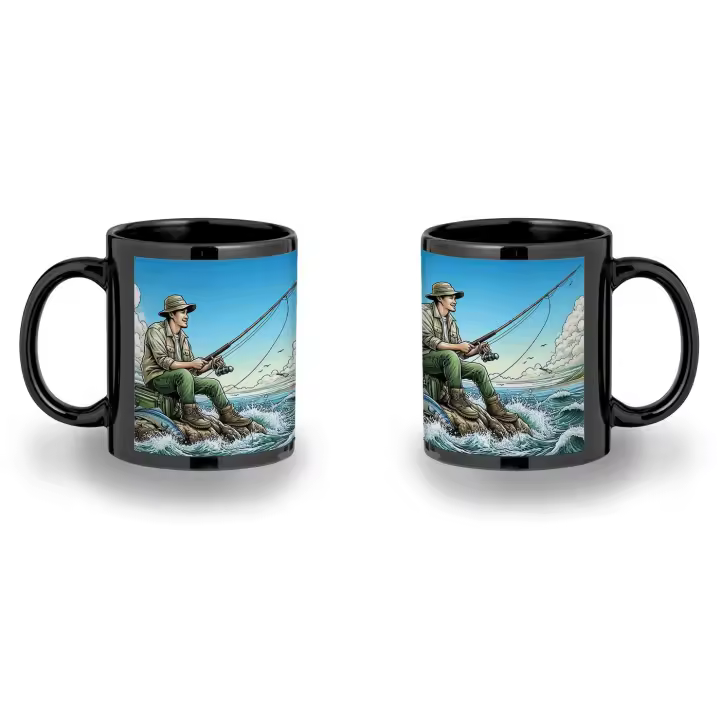 MERCHANDMANIA TAZA COMPLETAMENTE NEGRA deporte pesca pescador agua peces playa black mug - 1