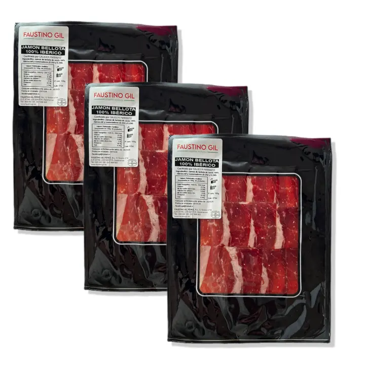 JAMON IBERICO BELLOTA 100% RAZA IBERICA - 3 Sobres de 100g -FAUSTINO GIL PEREZ IBERICO BELLOTA  - JAMON BELLOTA LONCHEADO - Elaboración tradicional - Ibéricos Faustino Gil - - 1