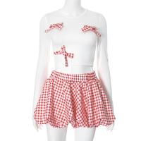Conjunto De Vestido Y Mini Falda Cutenova 2024 Nueva Colección Con Lazo En La Cintura Y Estampado De Cuadros Para Mujer Joven Estilo Dulce Y Sobrio - details 1