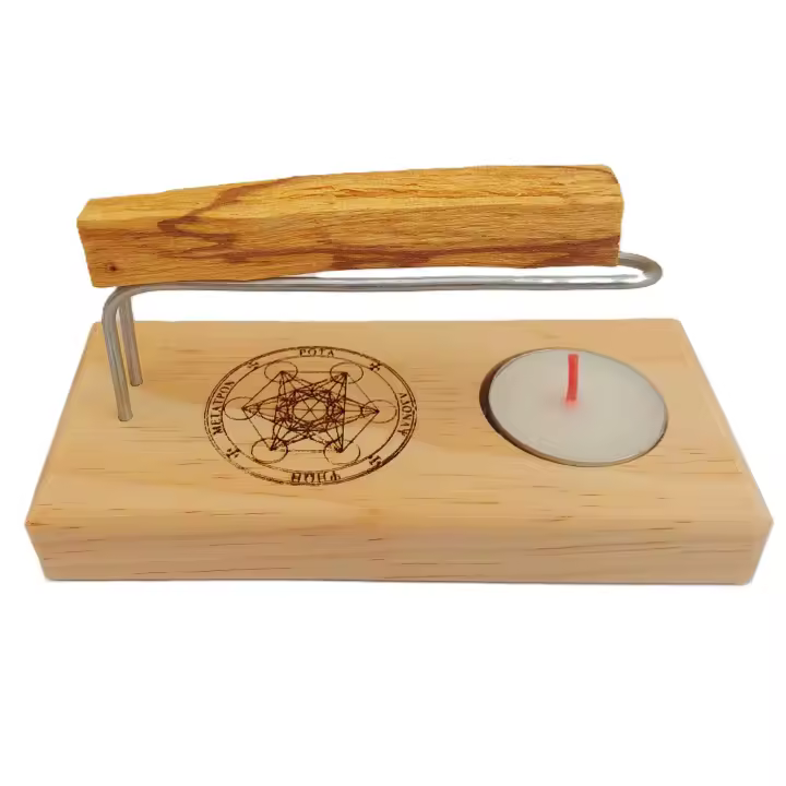 Quemador para Palo Santo o inciensos fabricado artesanalmente con base de Madera Natural con imagen de METATRON, varillas metalicas. Se incluye Palo santo y velita de te. Cómodo y fácil. Marca YA-DECOREGALOS - 1