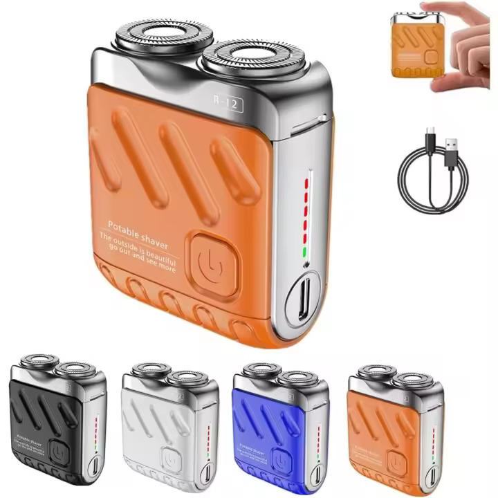 Mini afeitadora eléctrica portátil para hombre, diseño de equipaje, cortador magnético de doble anillo, afeitadora de bolsillo impermeable, afeitadora R-12 en seco y húmedo, afeitadora de viaje portátil recargable para viajes, oficina, viajes de negocios - 1
