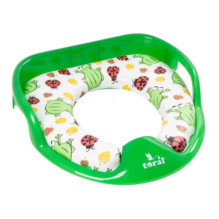 Asiento Reductor Acolchado con Asas para WC. Ayuda al aprendizaje de bebés y niños. Adaptador infantil portátil para váter MundiBebé +18 meses. Modelo Ranas - 1