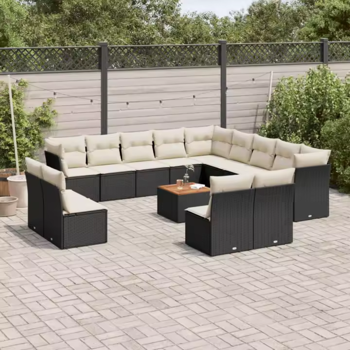 vidaXL Set sofás de jardín 14 pzas con cojines ratán sintético negro - 1