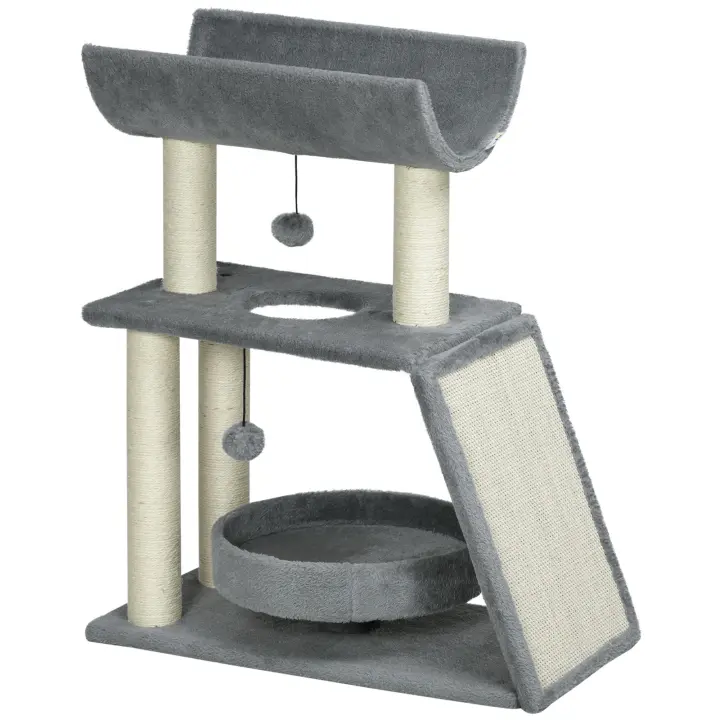PawHut Árbol para gatos Cozy Chic Design con múltiples equipos, centro de actividades, postes rascadores, plataformas rascadoras, cama de juego, pelota colgante en madera y sisal de felpa corta, 60 x 30 x 76 cm - 1