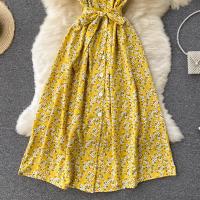Vestido Midi Elegante De Verano Para Mujer Con Cuello En V Estampado Floral Manga Acolchada Cintura Alta Botones Vestido De Playa Rojo/Amarillo/Negro - details 16