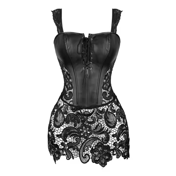 Traje De Corbata Steampunk Para Mujer Sexy De Cuero Sintético Negro Rojo Con Zipper Y Encaje Vestido De Club Gótico - 1
