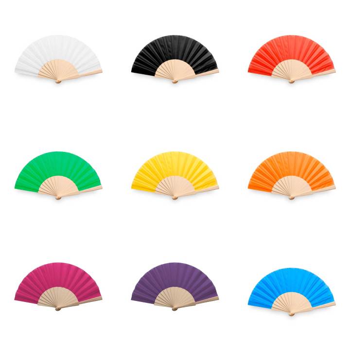 Abanicos de colores para fiestas y eventos. Originales abanicos de colores variados para dar a las invitadas en Bodas, Comuniones y celebraciones. Con 16 varillas y resistente tela en poliéster. Medidas: 43 x 23 cm. Presentados en una caja de cartón.