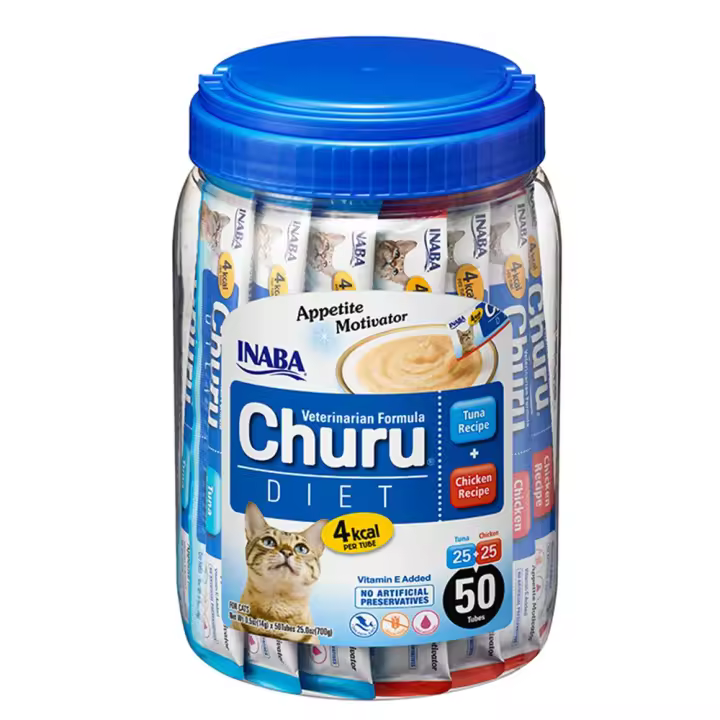 CHURU INABA DIET Atún y Pollo bajo en calorias. sin colorantes- sin conservantes  50 Tubos x 14g - 1