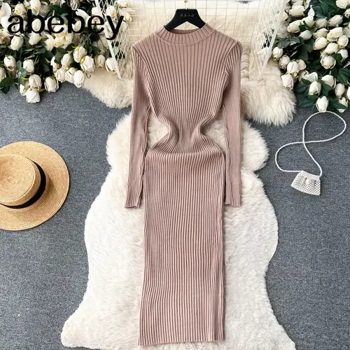 Vestido Largo Elegante De Otoño Para Mujer Suéter Tejido En Un Solo Color Con Cuello Redondo Y Manga Larga Elastica Moda Francesa Slim Bodycon - 1