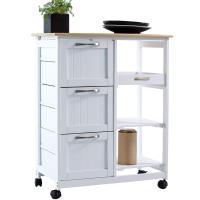 Carro de cocina con ruedas, práctico carro de servicio con 3 cajones y 3 niveles de almacenamiento, encimera de madera, estilo rústico en elegante blanco, isla de cocina 67x37x84 cm para optimizar tu espacio, Anaterra - details 1