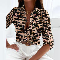 Blusa Elegante Para Mujer Primavera Otoño Con Cuello Bajado Estampado Slim Camisa De Manga Larga Moda Oficina Casual Polyester Cotton - details 1