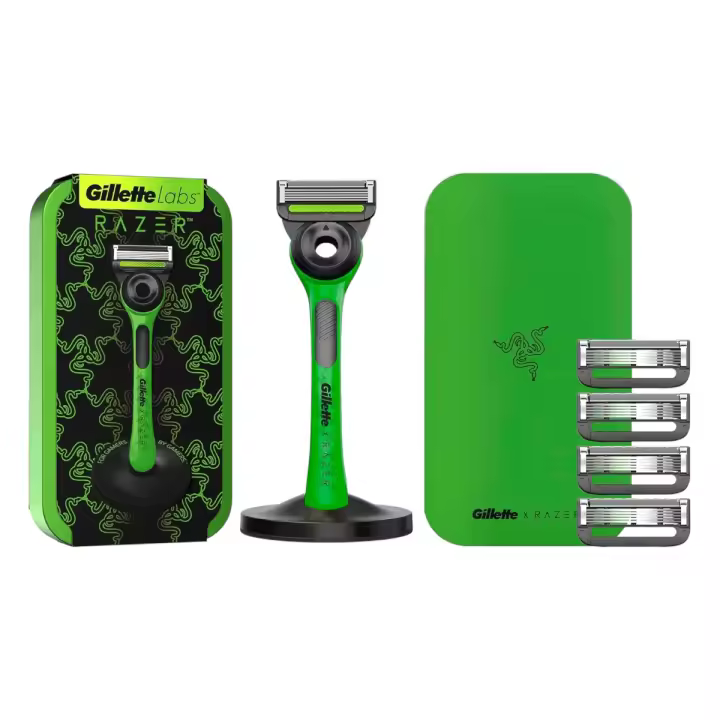 Gillette Labs Edición Limitada Razer Maquinilla de Afeitar Hombre con Barra Exfoliante + 5 Cuchillas de Afeitar de Recambio + Base Magnética y Estuche de Viaje Razer - 1
