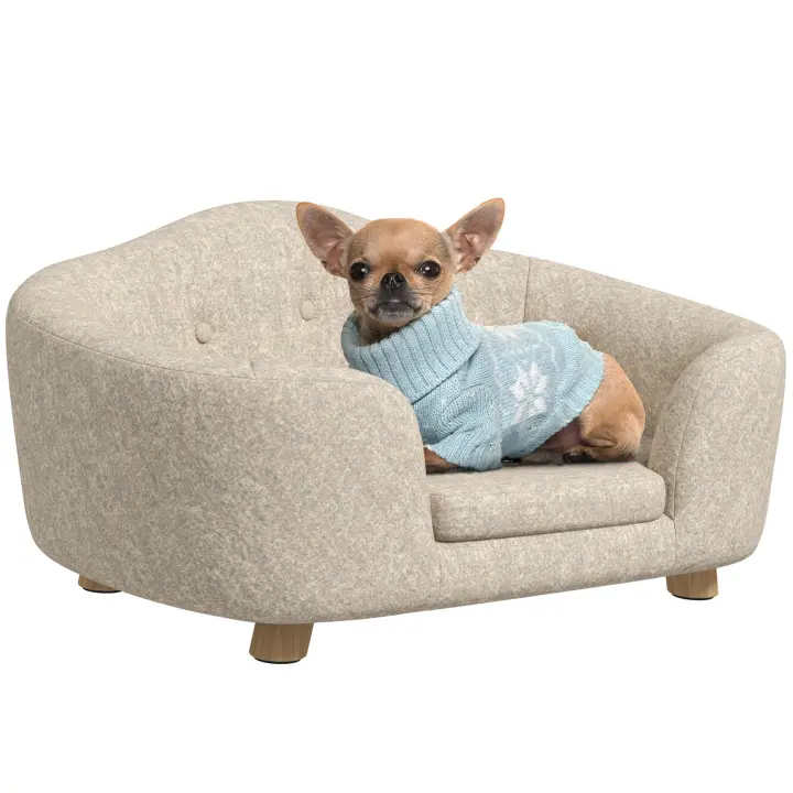PawHut Sofá para Mascotas Alfombra para Perros Cama para Perros Sofá para Perros Sofá para Perros Sofá para Gatos con Cojín Bolsillo Trasero Espuma de Felpa Madera de Pino Crema Blanco 70 x 47 x 30 cm - 1