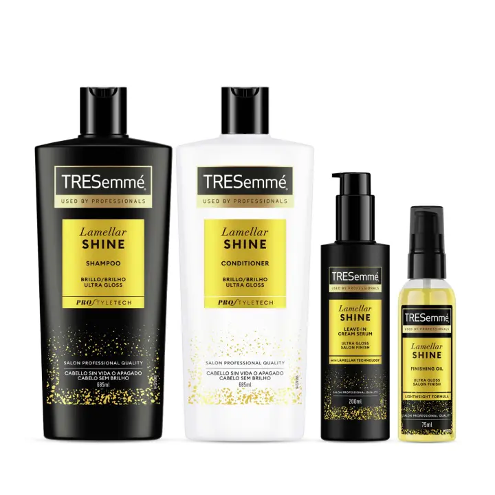 TRESemmé Rutina Lamellar Shine: Champú 685ml, Acondicionador 685ml, Serum 200ml y Aceite 75ml - 1