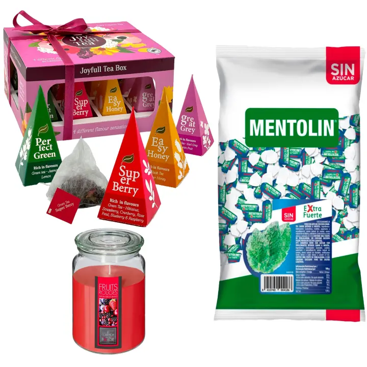 Lote respira: MENTOLIN EXTRA FUERTE S/A BOLSA 1KG + Vela perfumada de frutos rojos + Caja de Té Joyfull con variedad de sabores - 1