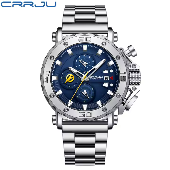Reloj De Pulsera De Lujo Para Hombres CRRJU Grande Dial En Acero Inoxidable Impermeable Cronógrafo Con Fecha Relogio Masculino - 1