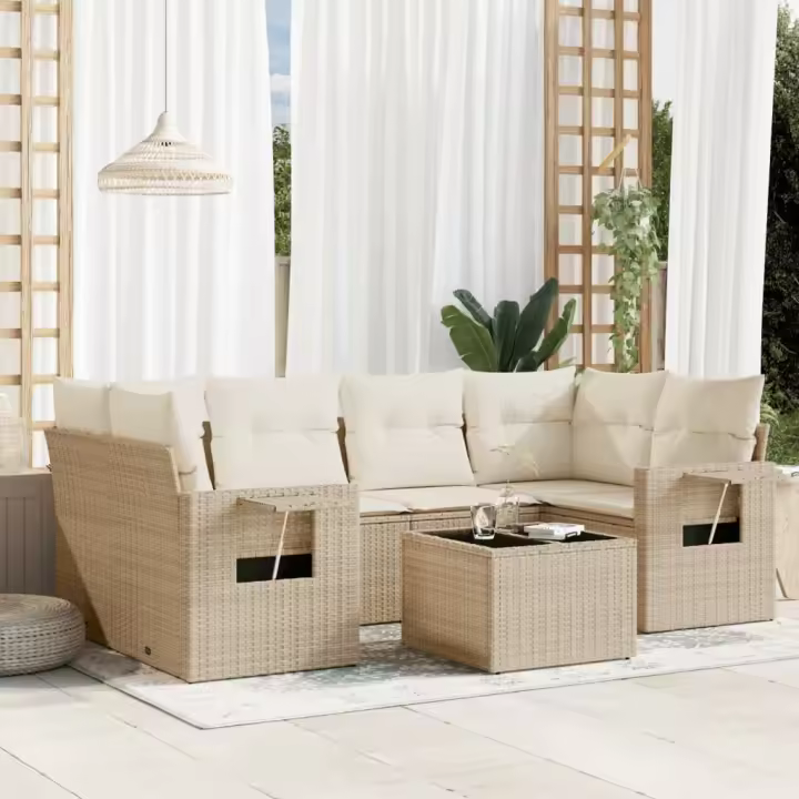 vidaXL Set sofás de jardín 7 piezas y cojines ratán sintético beige - 1