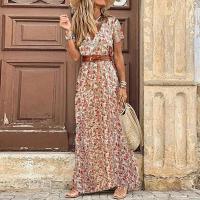 Vestido Bohemio De Verano Para Mujer Con Cuello En V Y Manga Corta Estilo Floral Casual Largo Hasta La Rodilla Con Cinturón - details 4
