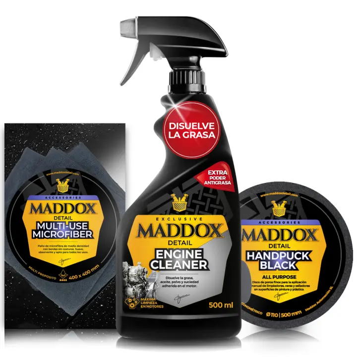 Maddox Detail - Kit Avanzado de Limpieza para Vehículos | Engine Cleaner, Handpuck Black y Multi-Use Microfiber | Limpiador de Motor, Esponja Multiusos y Paño de Microfibra - 1