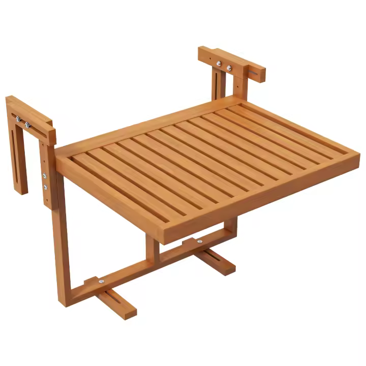 Outsunny Mesa Colgante de Balcón Mesa para Balcón Plegable de Madera con Altura Ajustable en 4 Niveles Carga 20 kg para Terraza 68x65x40,5-55 cm Madera Natural - 1