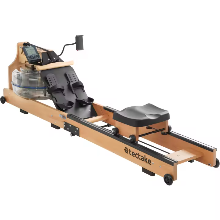 Tectake - Maquina de remo de madera, Gran depósito de 16 Litros, Asiento ergonómico, Pedales ajustables, Ordenador de entrenamiento con Bluetooth, Gimnasio en casa, Ejercicio en casa, Plegable, Carga máxima 150 Kg,  Estructura de madera de haya - 1