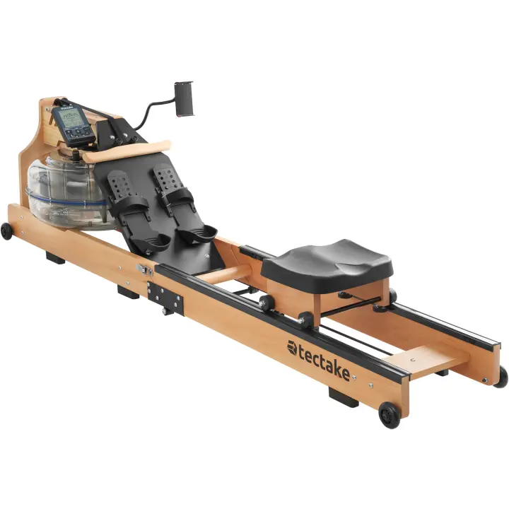 Tectake - Maquina de remo de madera, Gran depósito de 16 Litros, Asiento ergonómico, Pedales ajustables, Ordenador de entrenamiento con Bluetooth, Gimnasio en casa, Ejercicio en casa, Plegable, Carga máxima 150 Kg,  Estructura de madera de haya - 1