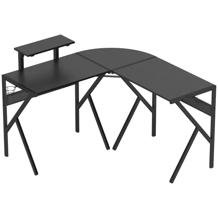HOMCOM Escritorio para juegos escritorio esquinero escritorio para jugadores 125 x 125 cm en forma de L con tablero de fibra de carbono, soporte para pantalla portavasos y gancho para auriculares, negro - 1