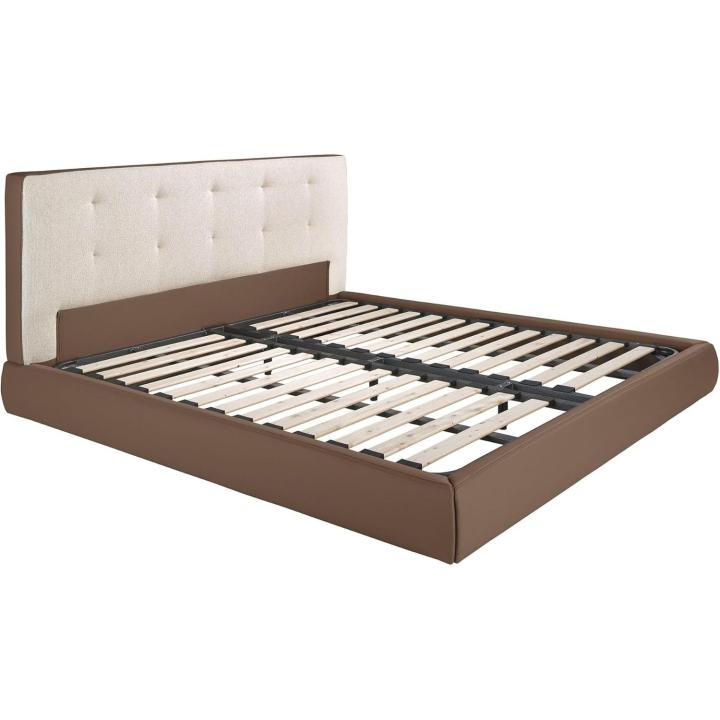 ANGEL CERDÁ - Cama Matrimonial Capitoné en Tela Blanco Roto y Polipiel Marrón - Cama Doble Matrimonio con Cabecero Tapizado y Somier 180x200 cm - Diseño Moderno y Sofisticado - 199 x 224 x 98 cm
