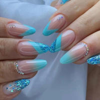 24pcs Uñas Postizas De Acrílico Almendra Con Diseño Gradient Azul Falso Cuidado De Uñas Artificiales Removible Impermeable Para Mujeres Y Niñas - details 0