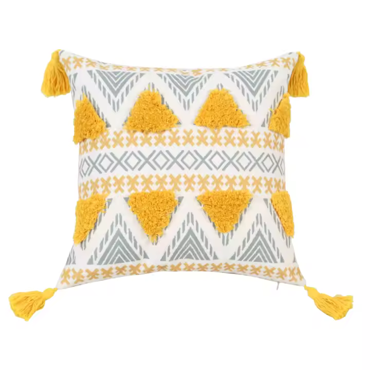  Funda De Cojín Geométrica Amarilla Con Borlas Para Decoración De Sofá Y Dormitorio Funda De Cojín Cuadrada Desmontable Y Lavable Estilo Mediterráneo - 1