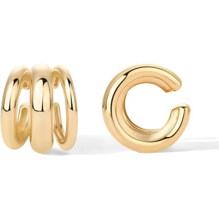 14K Chapado en oro de moda Chunky Triple Anillo oído Puños para las mujeres | Declaración Pendiente par de Oro Amarillo - 1