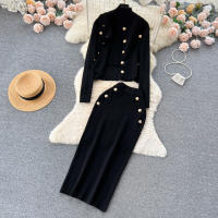 Conjunto De Ropa De Mujer REALEFT Otoño Invierno 3 Piezas Traje De Tejido Knitted Cardigan De Botón Sencillo Y Tops Falda Elegante Para Oficina - details 6