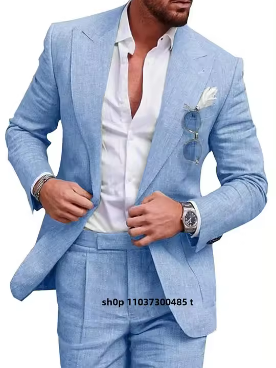 Traje De Lino Azul/Oro Para Hombre Estilo Casual Con Pico Monóculo Corte Slim Fit Pantalones High Quality 2 Piezas Traje De Boda - 1